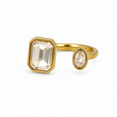 Modern Golden colour Two Stone Ring with Emerald Cut Crystal Jewelry Gift for Her