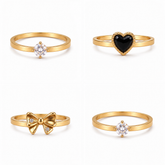 Golden Colour Charm Ring Set Combo Heart, Bow & Solitaire Styles