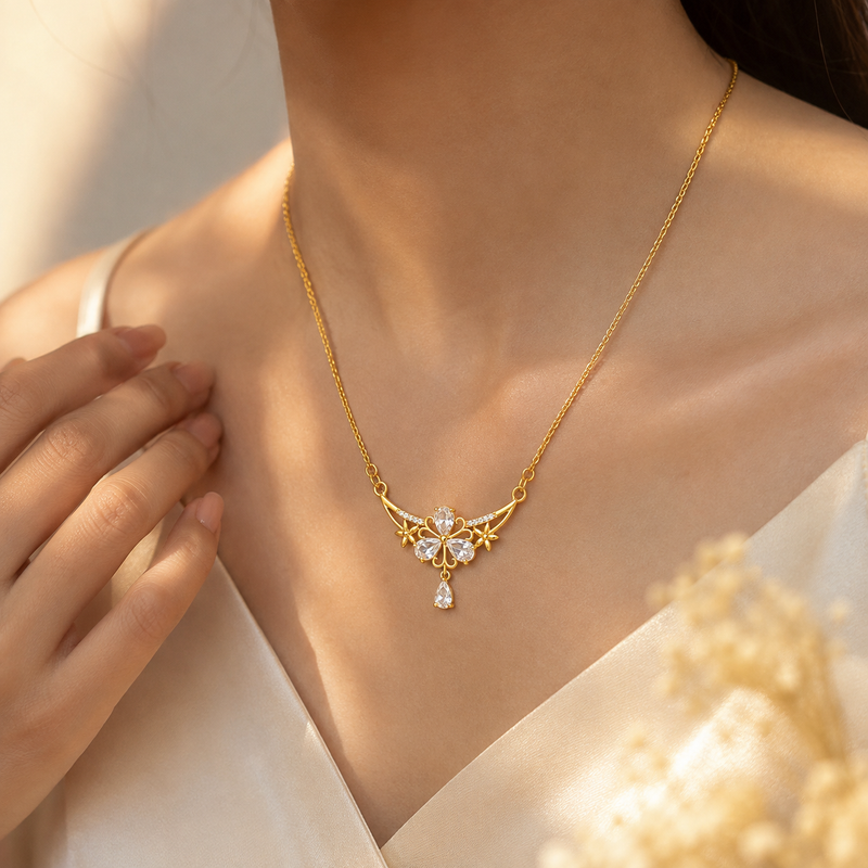 Buy Trending Gold Floral Cluster and Teardrop CZ Pendant Necklace for women