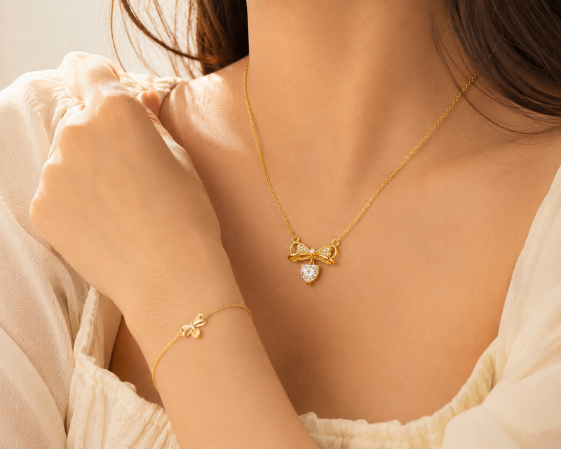 Buy Trending Gold Bow and Heart CZ Pendant Necklace For girl or women