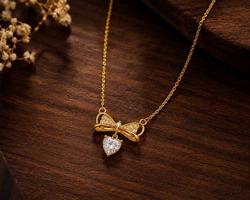 Buy Trending Gold Bow and Heart CZ Pendant Necklace For girl or women