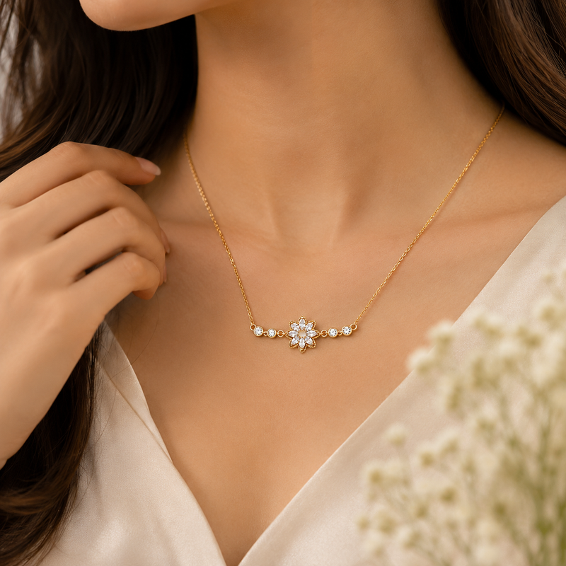 Gold Plated Floral Pendant Necklace for Women | CZ Crystal Flower Design Necklace | Elegant Daily Wear Jewellery for Women & Girls