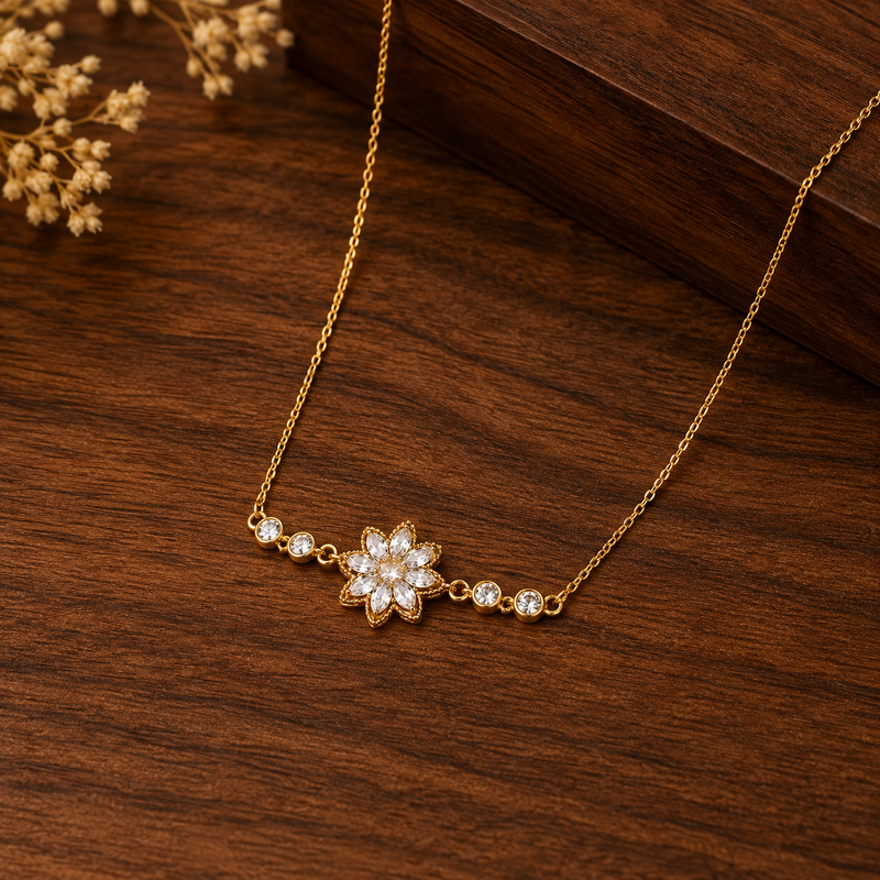 Gold Plated Floral Pendant Necklace for Women | CZ Crystal Flower Design Necklace | Elegant Daily Wear Jewellery for Women & Girls