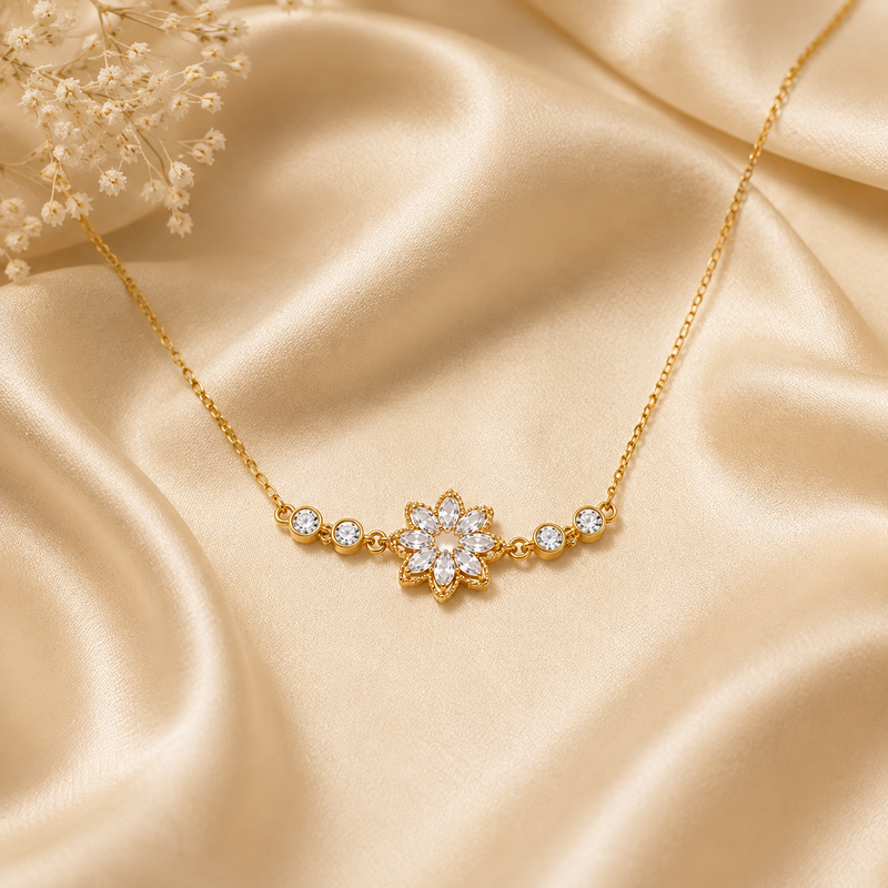 Gold Plated Floral Pendant Necklace for Women | CZ Crystal Flower Design Necklace | Elegant Daily Wear Jewellery for Women & Girls