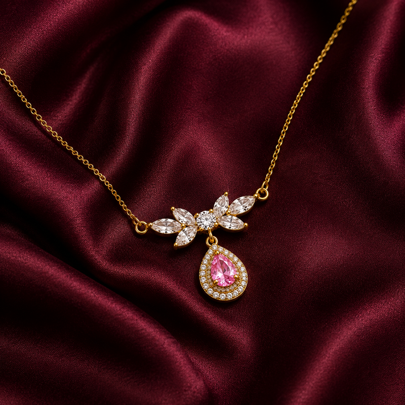 Buy Elegant Pink Pear-Cut Stone Gold Pendant Necklace for women
