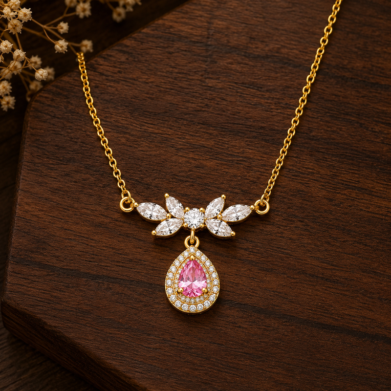 Buy Elegant Pink Pear-Cut Stone Gold Pendant Necklace for women
