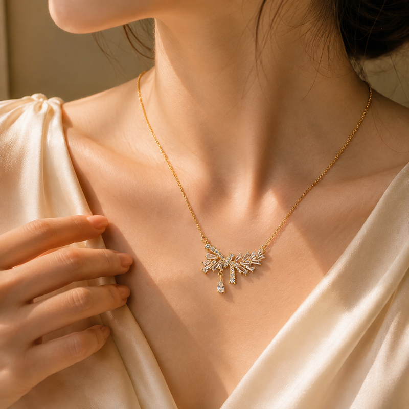 Buy Designer Gold Bow and Droplet CZ Pendant Necklace for women