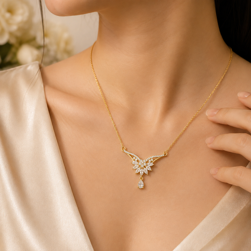 Buy Latest Designer Gold Floral Cluster and Droplet CZ Pendant Necklace