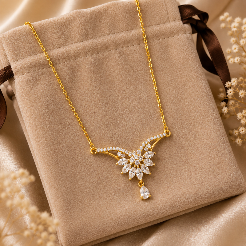 Buy Latest Designer Gold Floral Cluster and Droplet CZ Pendant Necklace