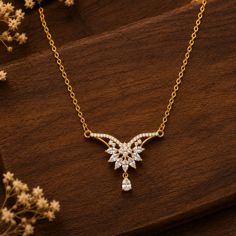 Buy Latest Designer Gold Floral Cluster and Droplet CZ Pendant Necklace