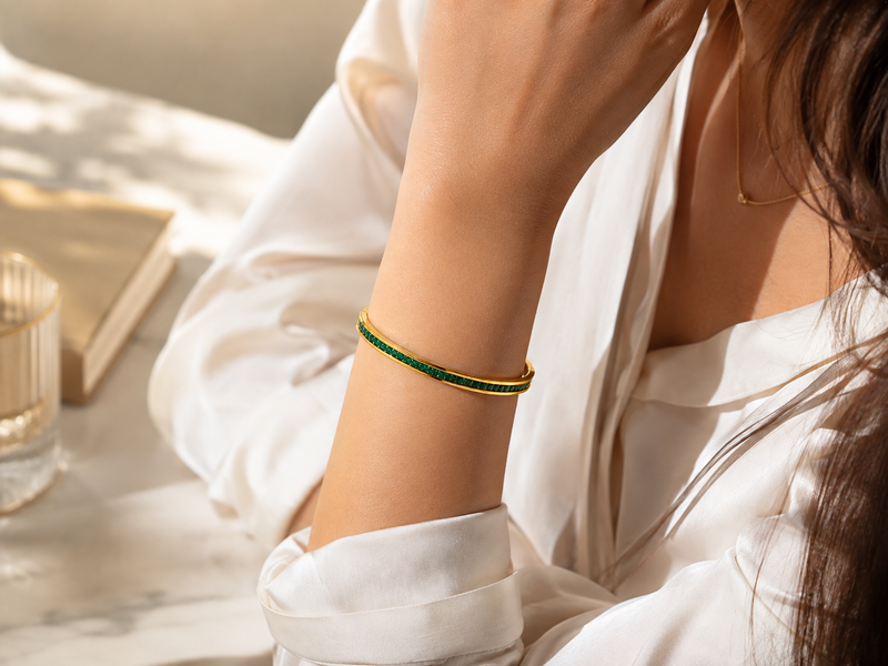 Buy Women’s Gold Plated Anti Tarnish Bracelet with Green Stones