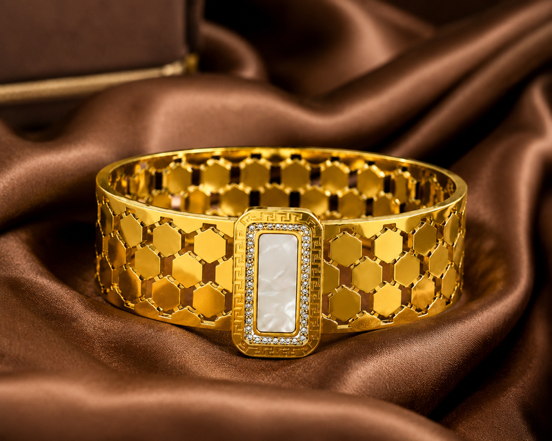 Buy Premium Honeycomb Design Cuff Bracelet with Crystal & Pearl Detailing for women