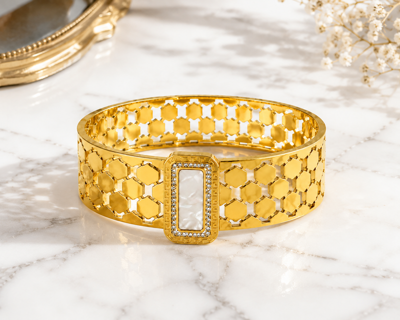 Buy Premium Honeycomb Design Cuff Bracelet with Crystal & Pearl Detailing for women