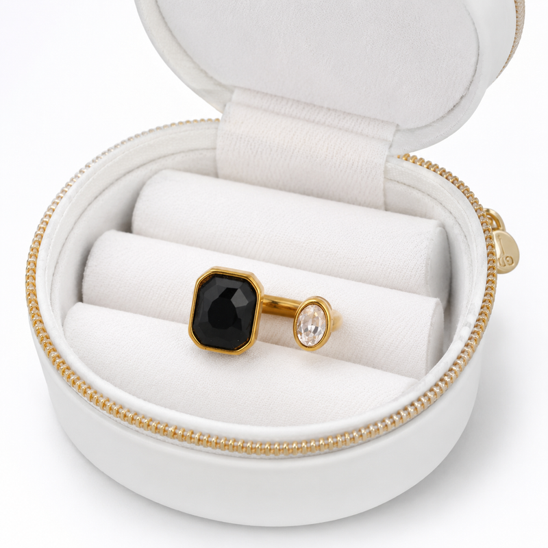 Gold Black & White Gemstone Ring Minimalist Adjustable Open Band ring