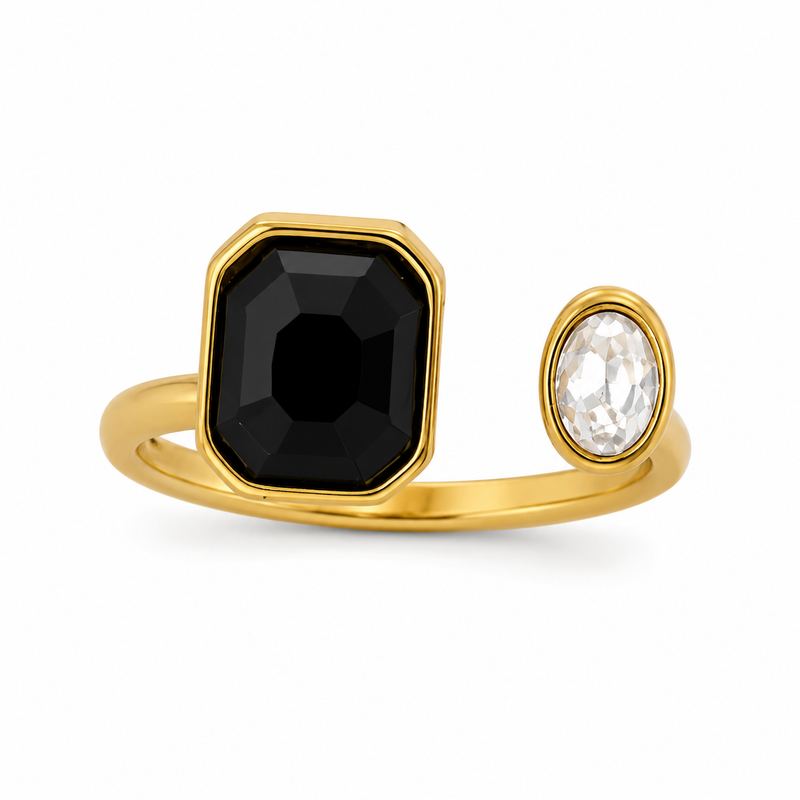 Gold Black & White Gemstone Ring Minimalist Adjustable Open Band ring