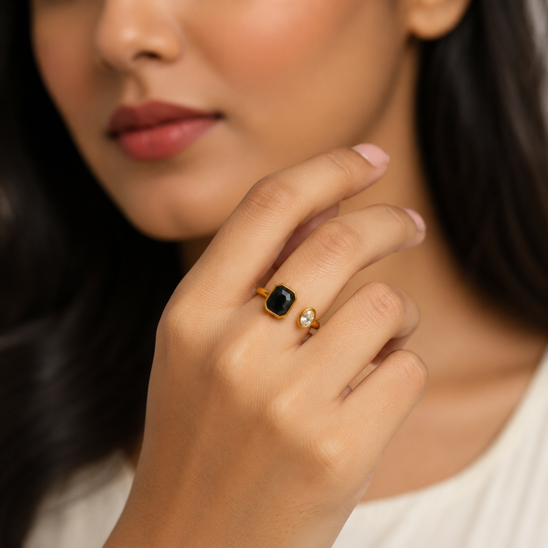Gold Black & White Gemstone Ring Minimalist Adjustable Open Band ring