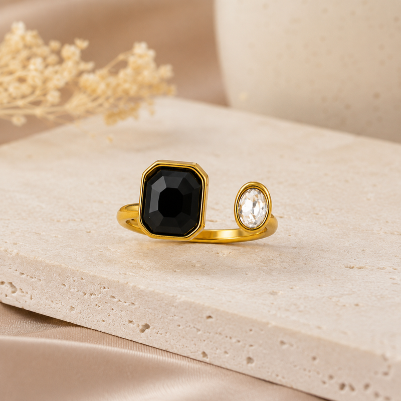 Gold Black & White Gemstone Ring Minimalist Adjustable Open Band ring