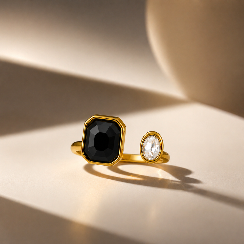 Gold Black & White Gemstone Ring Minimalist Adjustable Open Band ring