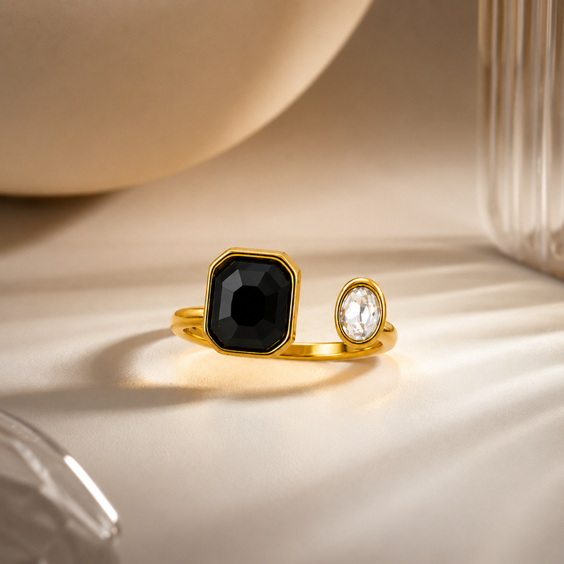 Gold Black & White Gemstone Ring Minimalist Adjustable Open Band ring