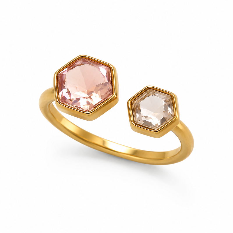 Elegant Golden colour Two Stone Hexagon Ring – Minimalist Adjustable Jewelry
