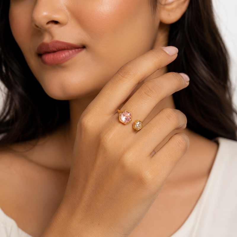 Elegant Golden colour Two Stone Hexagon Ring – Minimalist Adjustable Jewelry