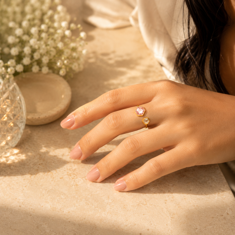 Elegant Golden colour Two Stone Hexagon Ring – Minimalist Adjustable Jewelry