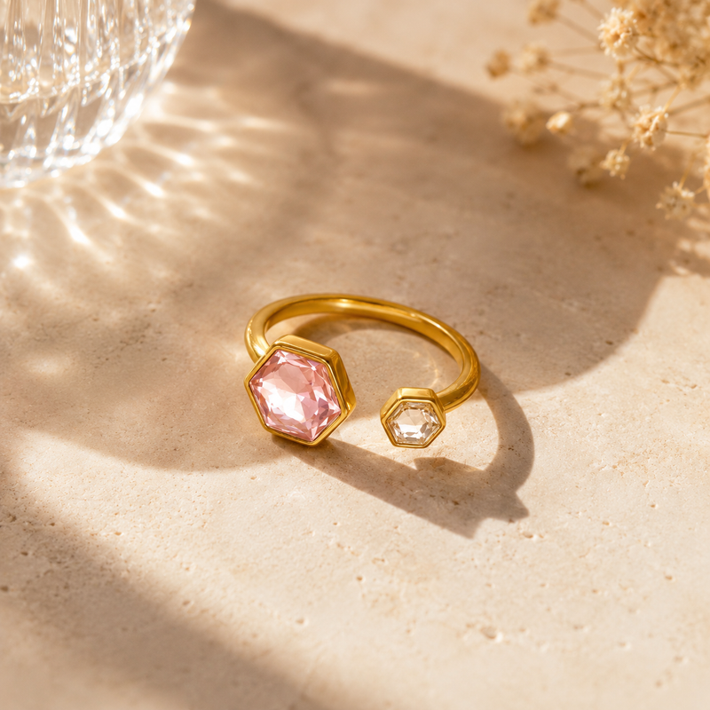 Elegant Golden colour Two Stone Hexagon Ring – Minimalist Adjustable Jewelry