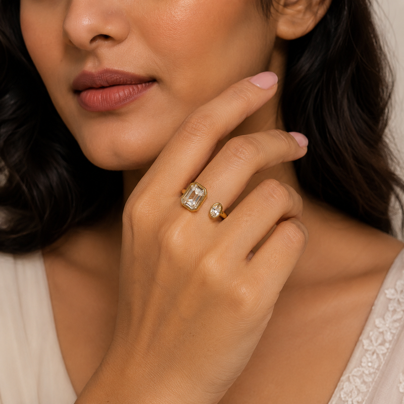 Modern Golden colour  Two Stone Ring with Emerald Cut Crystal Jewelry Gift for Her