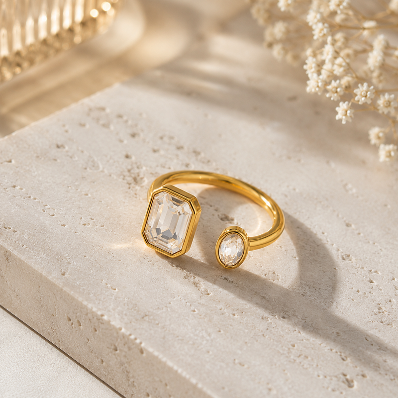 Modern Golden colour  Two Stone Ring with Emerald Cut Crystal Jewelry Gift for Her