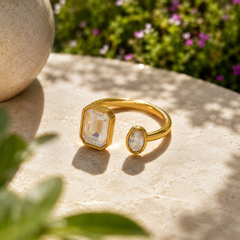 Modern Golden colour  Two Stone Ring with Emerald Cut Crystal Jewelry Gift for Her