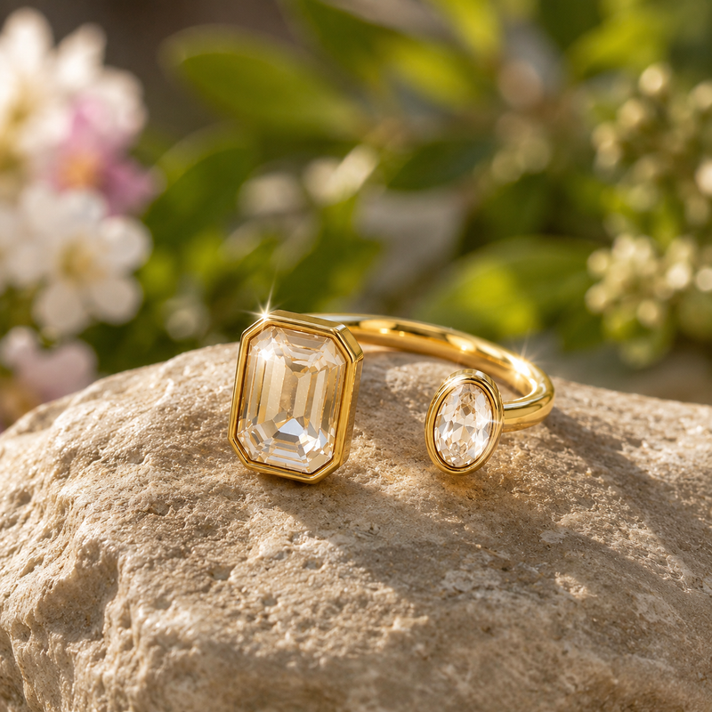 Modern Golden colour  Two Stone Ring with Emerald Cut Crystal Jewelry Gift for Her