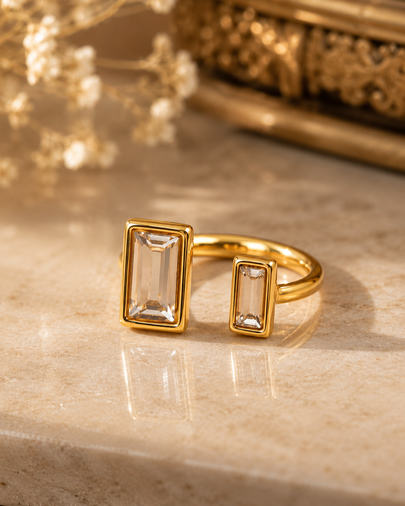 Modern Golden colour Adjustable Ring with Double Emerald Cut Crystals