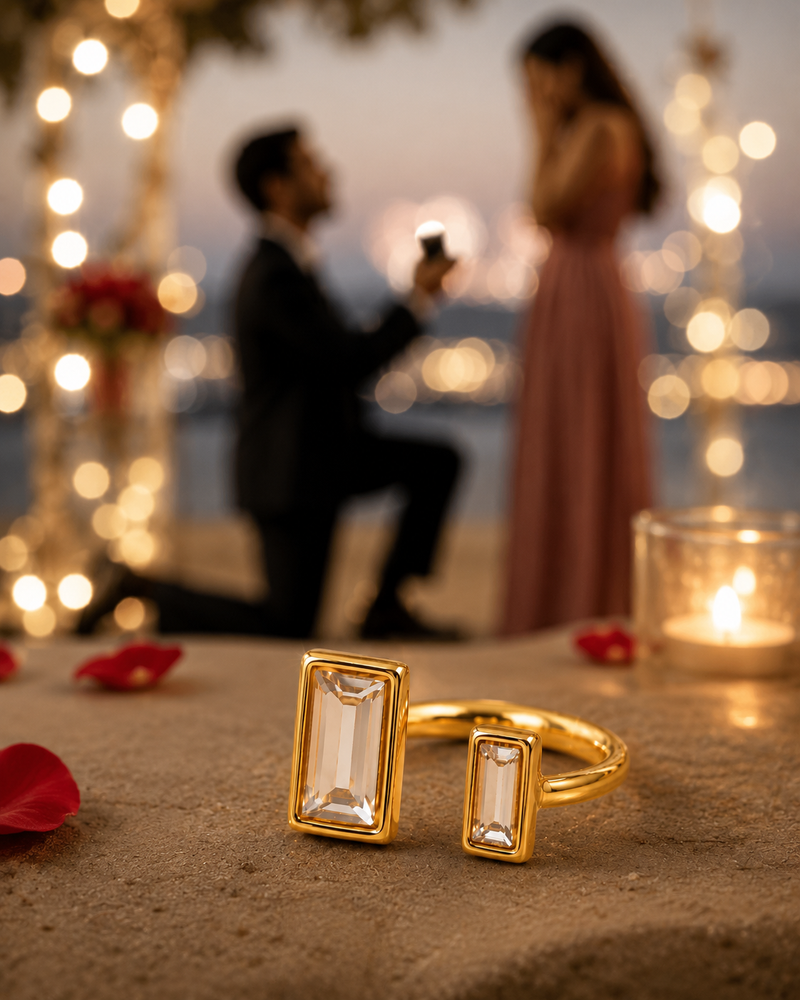 Modern Golden colour Adjustable Ring with Double Emerald Cut Crystals