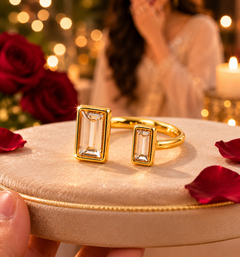 Modern Golden colour Adjustable Ring with Double Emerald Cut Crystals