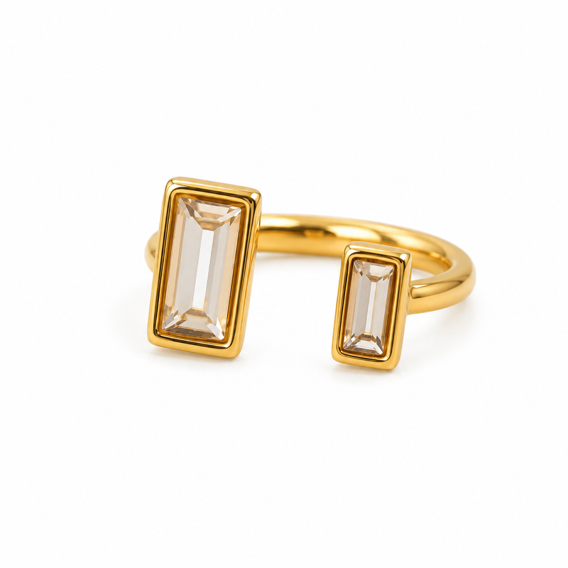 Modern Golden colour Adjustable Ring with Double Emerald Cut Crystals