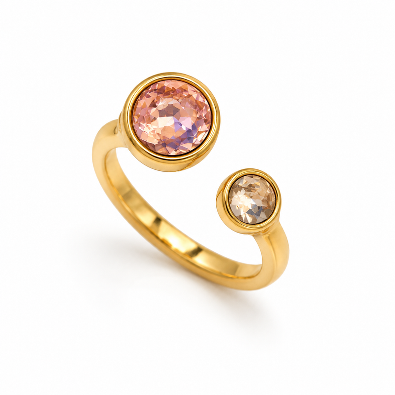Elegant Golden color Open Ring with Dual Round Crystals Contemporary Jewelry