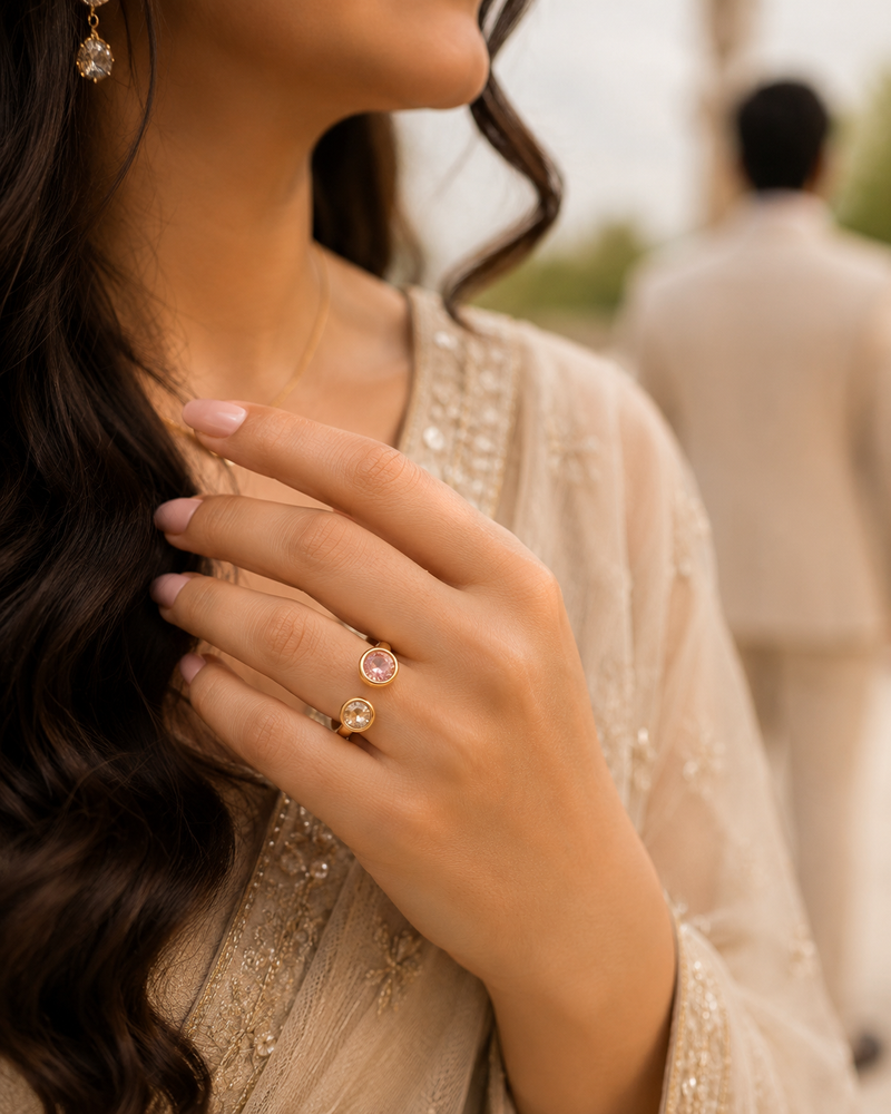 Elegant Golden color Open Ring with Dual Round Crystals Contemporary Jewelry
