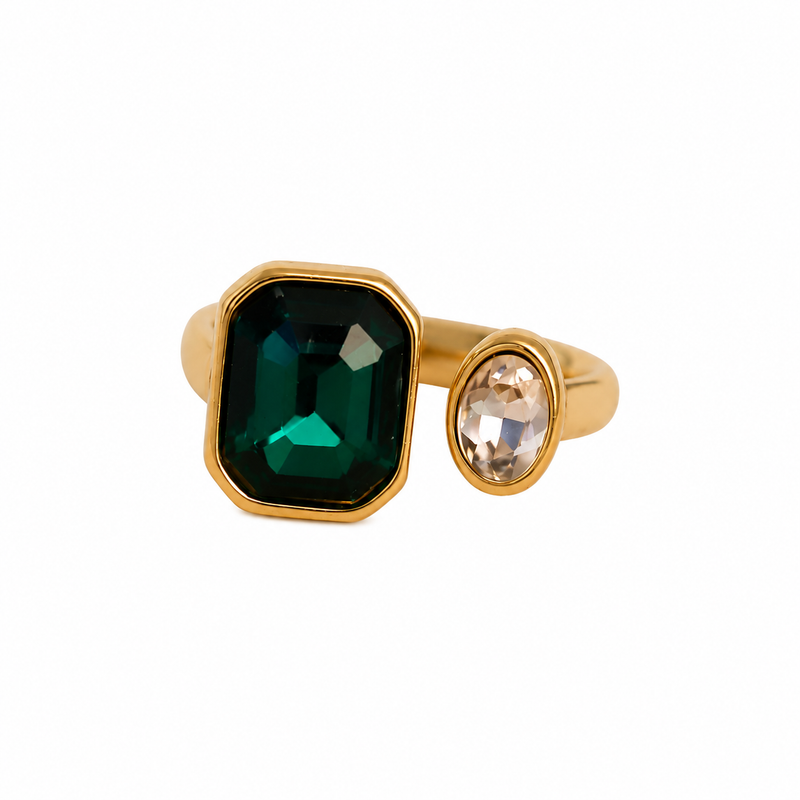 Green Emerald Cut Bezel Open Ring