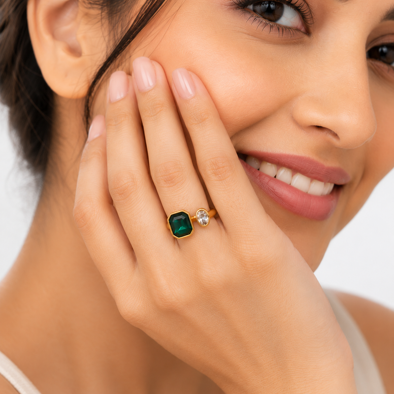 Green Emerald Cut Bezel Open Ring