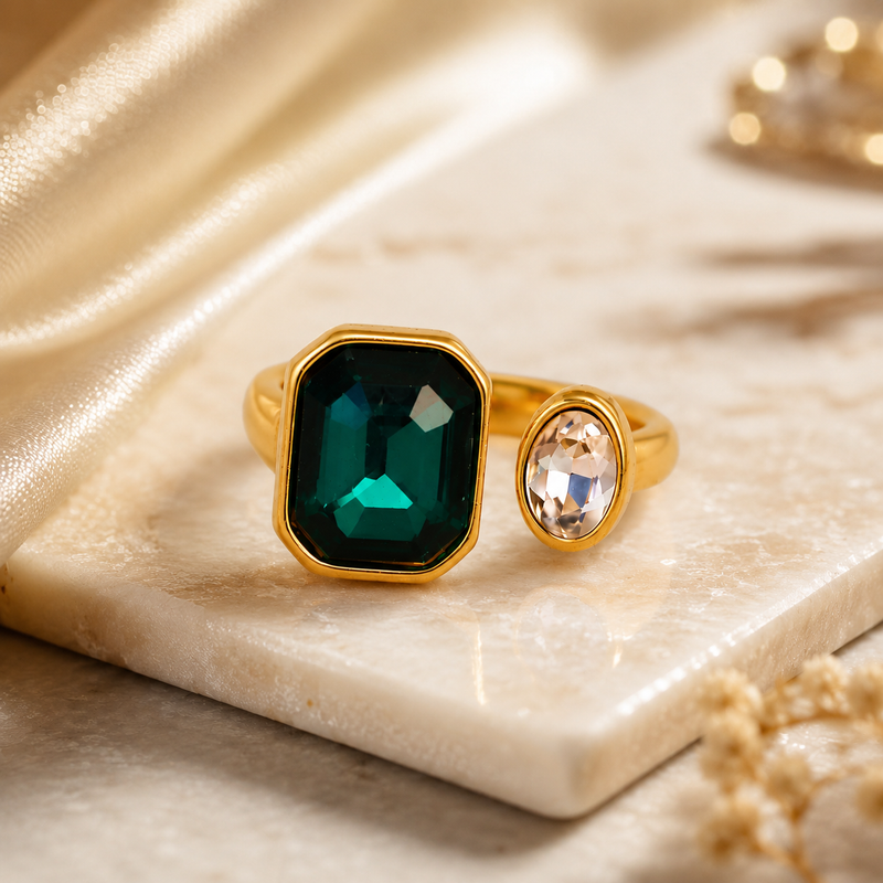 Green Emerald Cut Bezel Open Ring