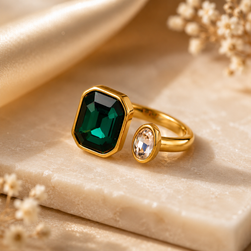 Green Emerald Cut Bezel Open Ring