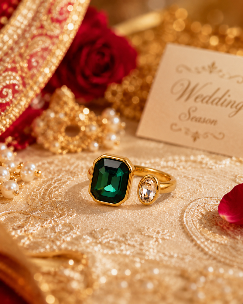 Green Emerald Cut Bezel Open Ring