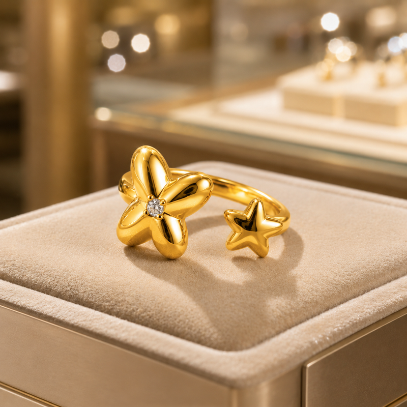 Modern Floral Style Star Adjustable Ring