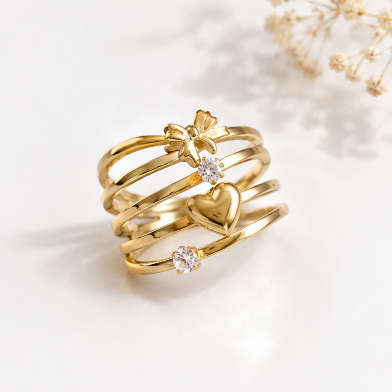 Premium Golden colour  Heart & Flower Ring Combo | Fashion Jewelry for Women