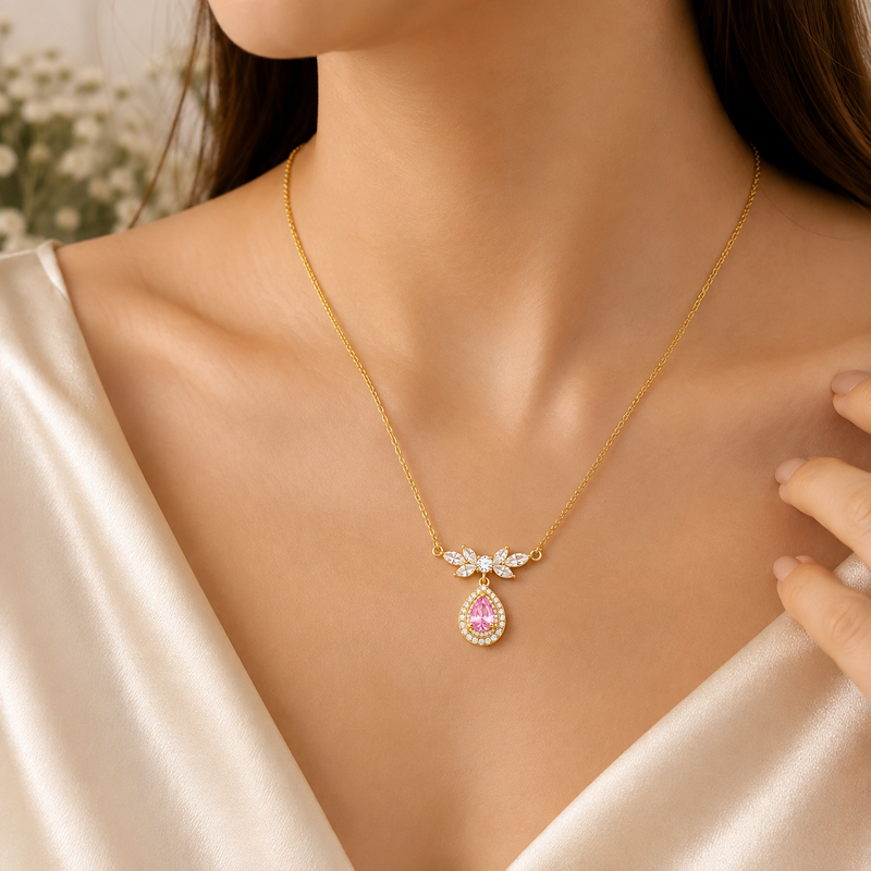 Buy Elegant Pink Pear-Cut Stone Gold Pendant Necklace for women