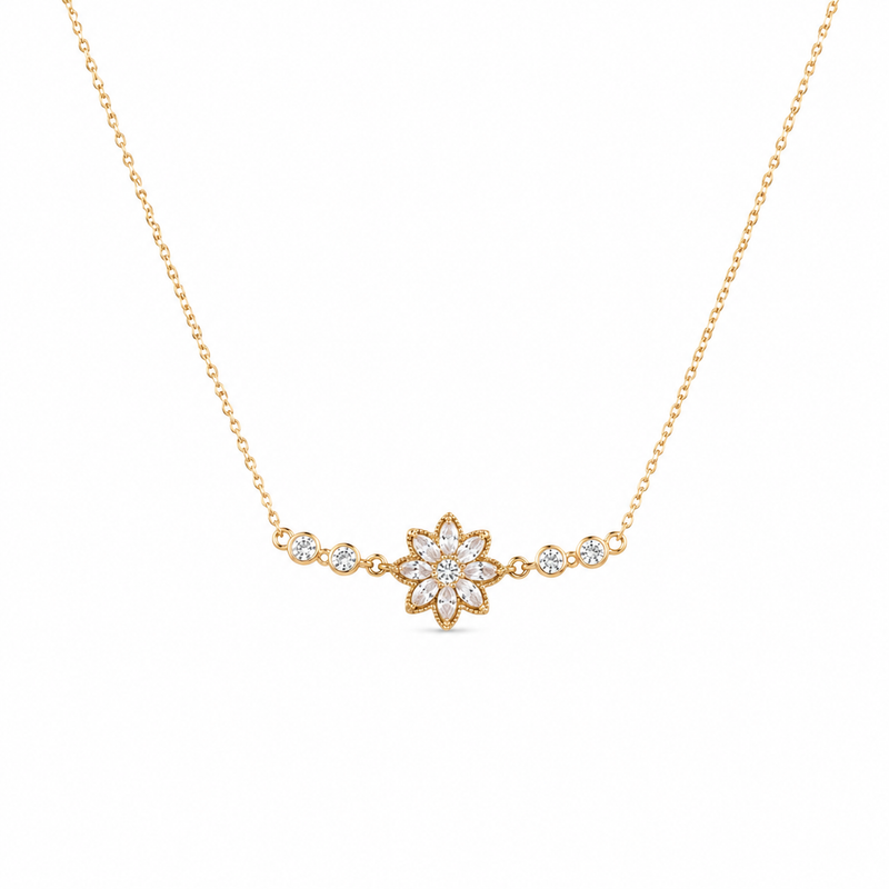 Gold Plated Floral Pendant Necklace for Women | CZ Crystal Flower Design Necklace | Elegant Daily Wear Jewellery for Women & Girls