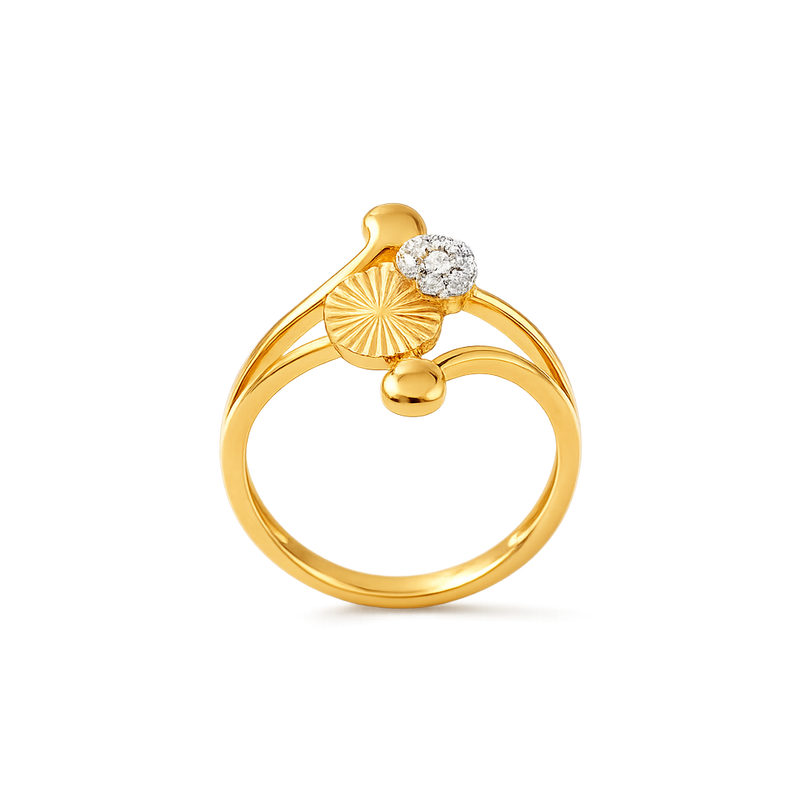 Contemporary Golden Ring with Textured Disc & Crystal Detail