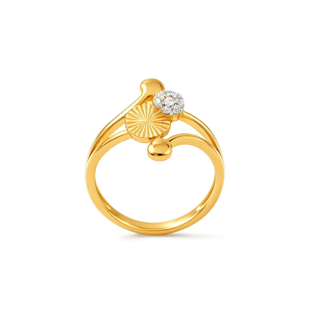 Contemporary Golden Ring with Textured Disc & Crystal Detail