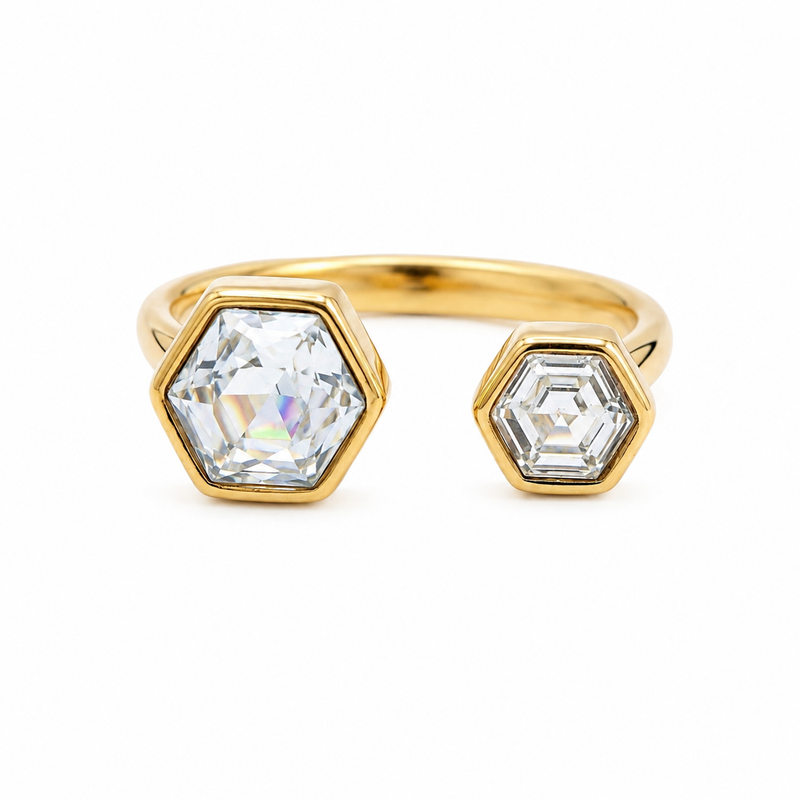Modern Hex style Crystal  Adjustable Ring
