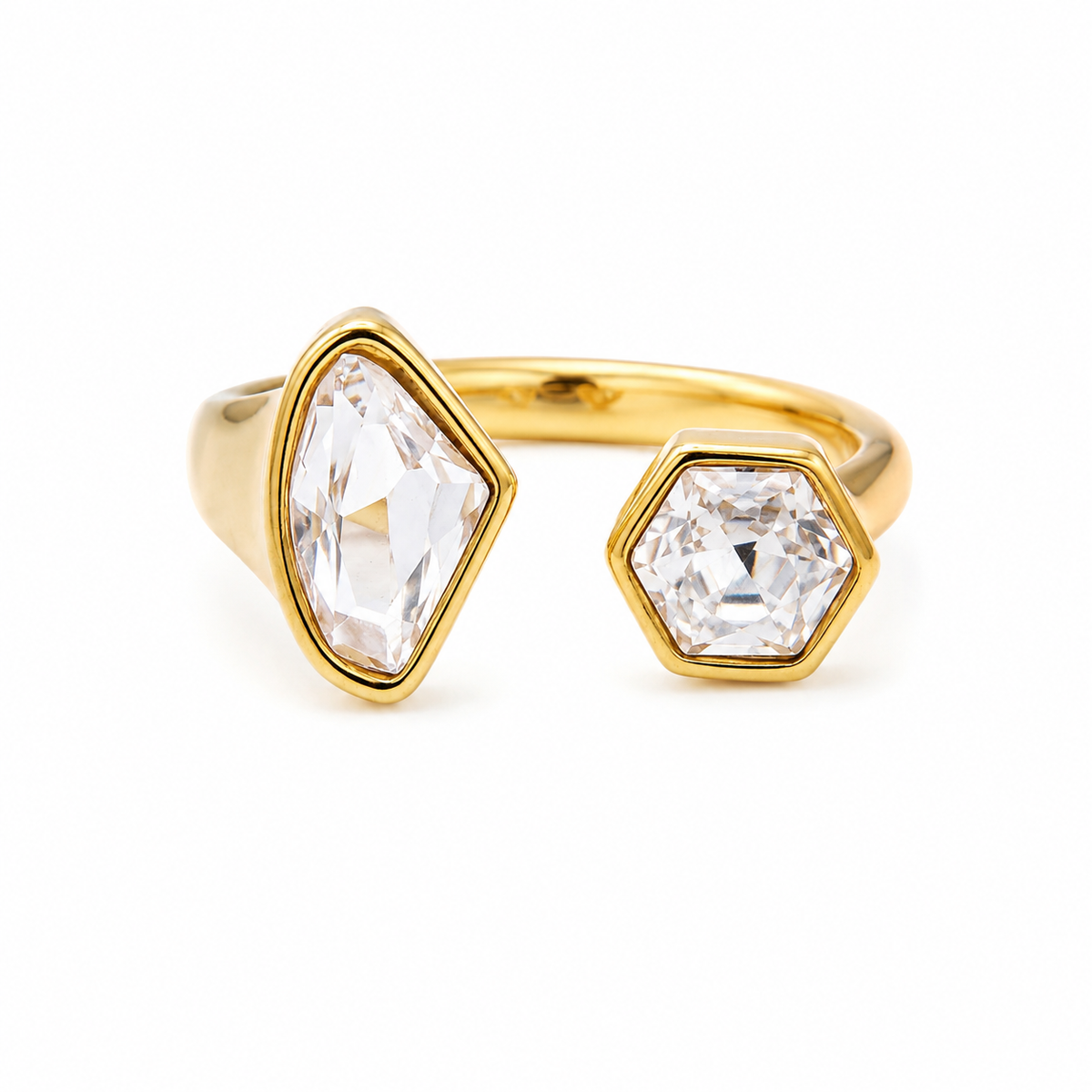 Luxury Golden colour Two Stone Ring  with Geometric Crystal Open Band
